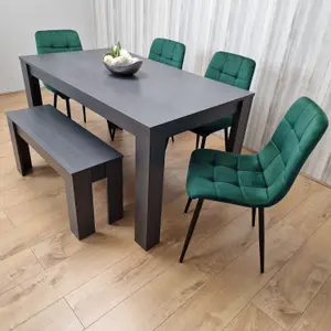 Grey Dining Table and 4 Green Velvet Tufted Chairs with 1 Bench