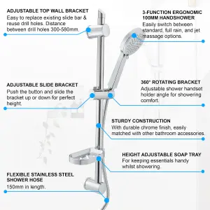 ENKI, ES020, Shower Slider Riser Rail Kit, Includes Adjustable Slider, 3 Setting Shower Head, Soap Dish, Hose, Durable Chrome