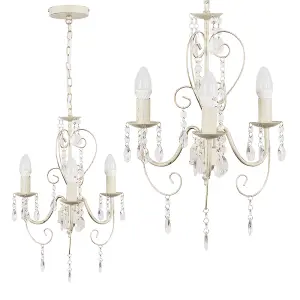 ValueLights Lille Distressed Cream Ornate Vintage Shabby Chic 3 Way Ceiling Light Chandelier with Acrylic Jewels