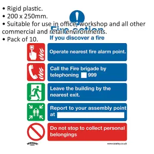 10 Pack Fire Action No Lift Safety Signs - Durable Rigid Plastic 200x250mm