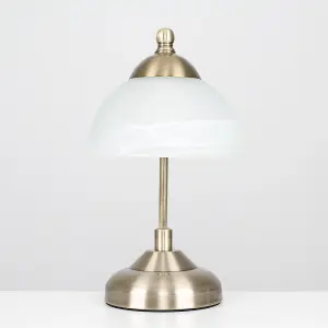 ValueLights Stamford Pair of Curved Antique Brass and Frosted Glass Bedside Table Lamps