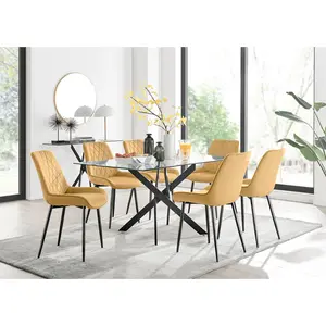 Lenworth Glass Rectangular Dining Table Set with 6 Luxury Velvet Chairs Black / Mustard/Black