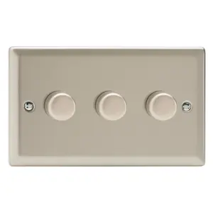 Varilight 3-Gang 2-Way V-Pro Push On/Off Rotary LED Dimmer 3 x 0-120W (Twin Plate) Satin