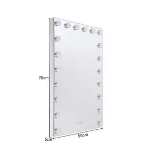 Dimmable Rectangle Wall Mounted Hollywood Makeup Vanity Mirror with 20 LED Bulbs White 50x70cm