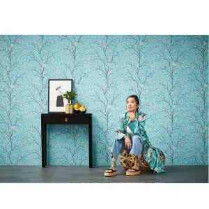 AS Creation Cherry Blossom Floral Trail Wallpaper Teal Green Pink Black 37912-3