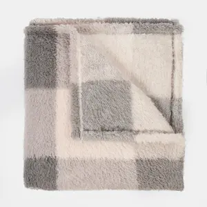 Gingham Teddy Fleece Throw Over Bed Blanket Check Warm, Grey - 150 x 200cm