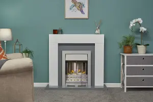 Adam Dakota Fireplace in Pure White & Grey with Helios Electric Fire in Brushed Steel, 39 Inch