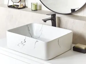 Ceramic Countertop Basin Marble Effect 490 x 380 mm White HOPI