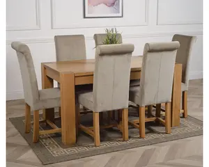 Kuba 150 x 85 cm Chunky Medium Oak Dining Table and 6 Chairs Dining Set with Washington Grey Fabric Chairs