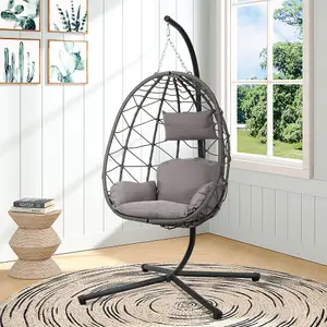 Grey Foldable Single Egg Chair Hanging Basket with Stand and Seat Cushion