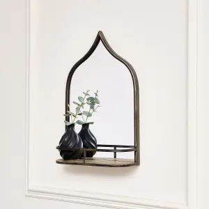 Melody Maison Rustic Metal Arched Mirrored With Gold Shelf - 48cm x 30cm