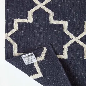 Homescapes Edmonton Navy Blue and White 100% Cotton Geometric Pattern KIlim Rug, 66 x 200 cm