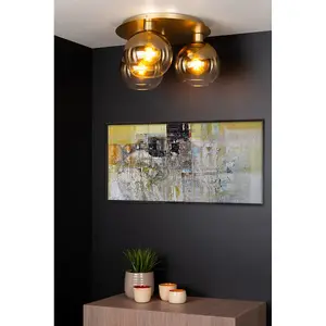 Lucide Marius Retro Flush Ceiling Light - 3xE27 - Matt Gold, Brass