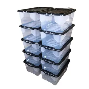 10 x 42L Clear Storage Box with Black Lid, Stackable and Nestable Design Storage Solution