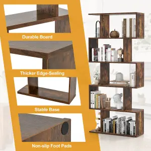 Costway 5-tier Bookcase S-Shaped Bookshelf Wooden Storage Display Rack