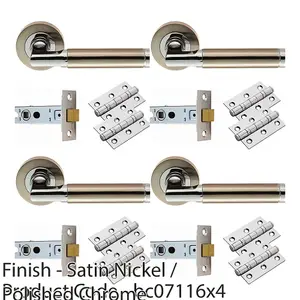 4 PACK - Door Handle & Latch Pack Set- Chrome & Nickel Straight Bar Screwless Round Rose Kit