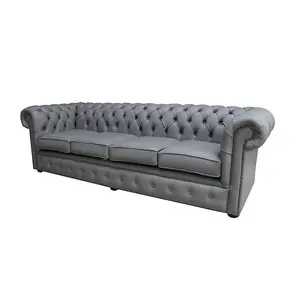 Chesterfield 4 Seater Sofa Shelly Silver Grey Real Leather In Classic Style