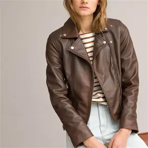 Women's Leather Biker Jacket In Brown - Size: 8 By La Redoute