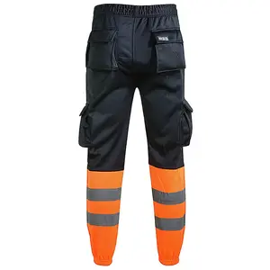 MS9 Mens Hi Viz Vis High Visibility Fleece Cargo Work Trousers Joggers Pants, Black and Orange - S