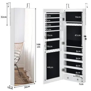 Costway Lockable LED Lights Jewelry Cabinet W/ Mirror Wall/Door Mounted Jewelry Armoire