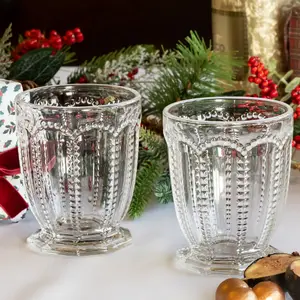 Set of 2 Vintage Luxury Clear Embossed Short Drinking Glass Whiskey Glass Tumblers 340ml