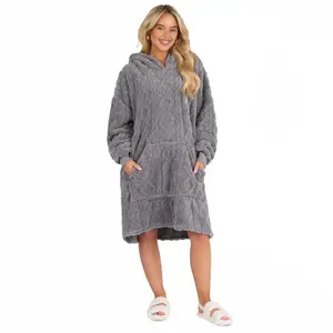 Cable Knit Hoodie Blanket Fleece Wearable Throw Warm Giant Plush Soft, Grey