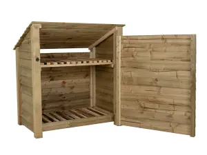 Wooden log store (roof sloping back) with door and kindling shelf W-119cm, H-126cm, D-88cm - natural (light green) finish