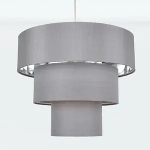 First Choice Lighting Set of 2 Easy Fit Staggered 3 Tier Grey Faux Silk Slub Fabric Shade with Chrome Board Inner