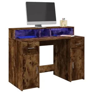 Berkfield Desk with LED Lights Smoked Oak 120x55x91 cm Engineered Wood