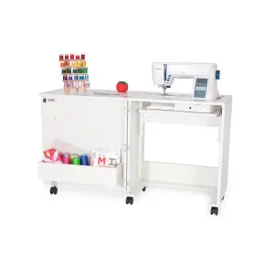 Compact White Sewing Machine Cabinet with Lift Mechanism