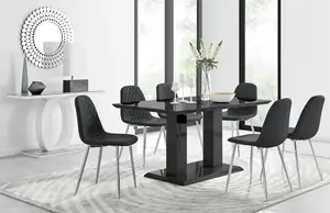 Imperia Black High Gloss 6 Seater Dining Table with Structural 2 Plinth Column Legs 6 Black Faux Leather Silver Leg Corona Chairs