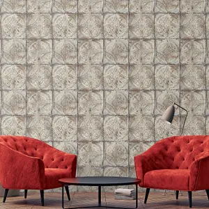 Galerie Grunge Cream Grey Bronze Ornate Tile Smooth Wallpaper