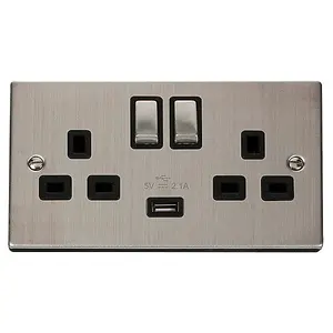 Stainless Steel 2 Gang 13A DP Ingot 1 USB Twin Double Switched Plug Socket - Black Trim - SE Home