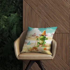 Happy Frog On A Beach Holiday Outdoor Cushion 60cm x 60cm