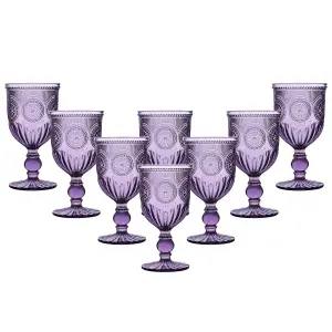 Set of 8 Vintage Luxury Purple Embossed Drinking Wine Glass Wine Goblets 290ml