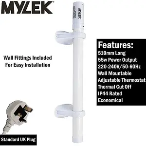 Mylek Tubular Heater 55W 510mm Low Energy Tube Built in Thermostat And Mounting Brackets Greenhouse, Garage, Caravan