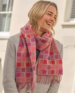 Womens Check Geometric Scarf Red | Woolovers