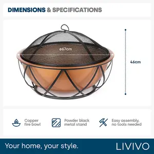 VOLIDA BOWL FIRE PIT WITH BBQ GRILL - COPPER