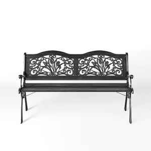 2 Seater Black Metal Wood Garden Patio Bench with Backrest