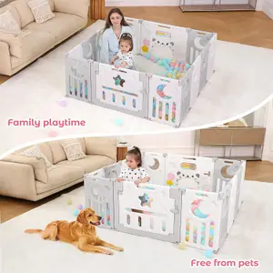 12+2 Panel Baby Foldable Playpen with Safety Gate 25 Sq.ft - Grey White