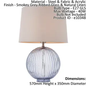 Table Lamp Smokey Grey Ribbed Glass & Natural Linen 40W E27 Bedside Light