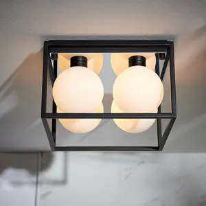 Matt Black Square Framed Semi Flush Bathroom Ceiling Light & Sphere Glass Shades