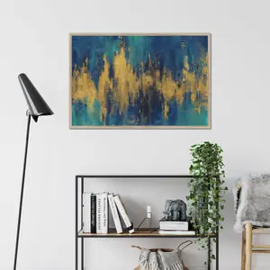 Blue And Gold Abstract Crop by Danhui Nai - Wrapped Canvas Painting Natural Wood Framed Paper Print / 65cm H x 95cm W x 2.3cm D