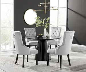 Furniturebox UK Palma Black Semi-Gloss Round Pedestal Dining Table & 4 Grey Velvet Belgravia Black Leg Chairs