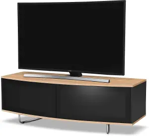 Homeology Caru Gloss Black and Oak Beam-Thru Remote Friendly Super-Contemporary "D" Shape Design up to 65" LED/OLED/LCD TV Cabinet