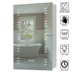 Sensor Wall Bathroom Mirror Cabinet LED Lighting with Shaver Socket and Clock 500 x 700 mm