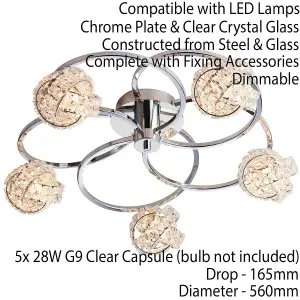 Semi Flush Ceiling Light Chrome & Crystal Knott 5 Lamp Hanging Feature Pendant