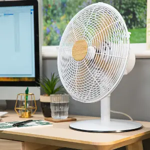 Russell Hobbs Scandi Desk Fan 12 Inch White and Wood Effect RHMDF1201WDW