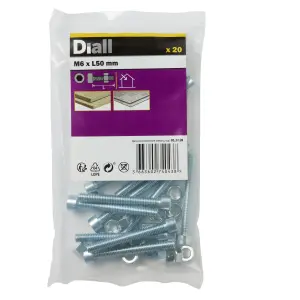 Diall M6 Cylindrical Zinc-plated Carbon steel Set screw & nut (Dia)6mm (L)50mm, Pack of 20