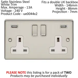 2 PACK 2 Gang Single UK Plug Socket & 2.1A USB SATIN STEEL & White 13A Switched